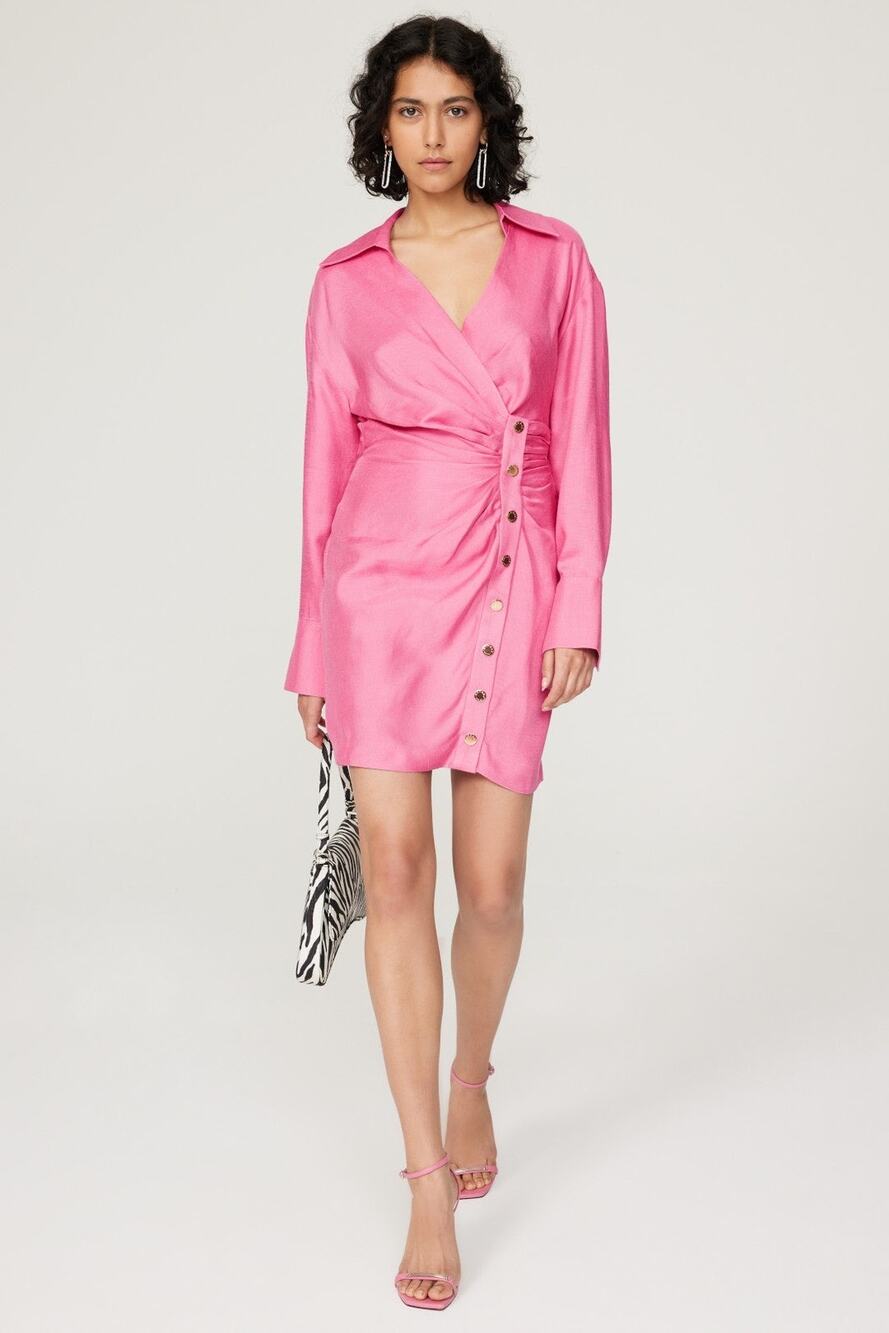 SANDRO Pink Collar Front Button Closure Asymmetrical Elvira Dress Size 36